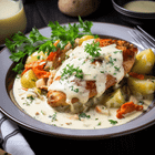 A plate of chicken in a creamy sauce with vegetables and herbs