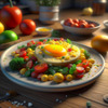 Image: Plate of scrambled eggs with vegetables and toast