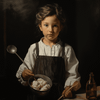 A child wearing an apron and holding a mixing spoon