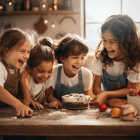 A group of kids happily cooking together in the kitchen