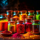 A variety of colorful spices in jars