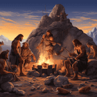 Illustration of cavemen cooking meat over an open fire.