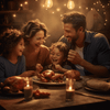 A photo of a family enjoying a chicken meal