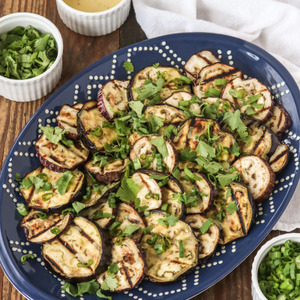 Marinated eggplants with ginger, horseradish and herbs