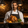 A photo of a chef presenting a chicken dish